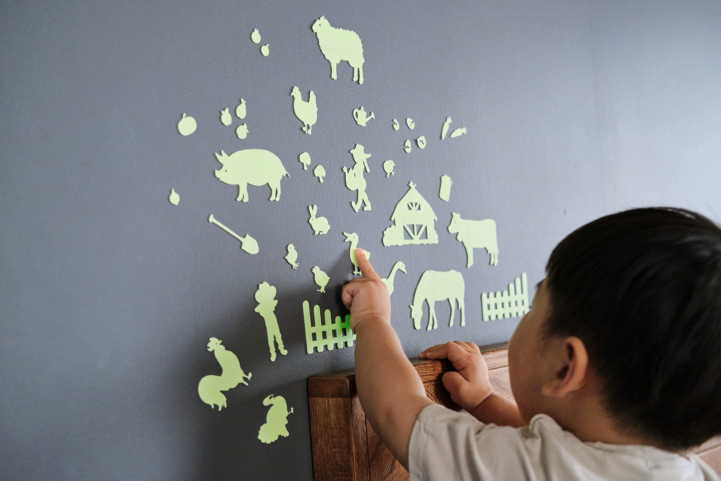 GLOPLAY On The Farm Series (36pcs/Pack), Glow in The Dark Educational Wall Stickers, The Eco-Friendly and Brightest Wall Stickers for Ceiling, Bathtime, Bedroom, Party, Decor