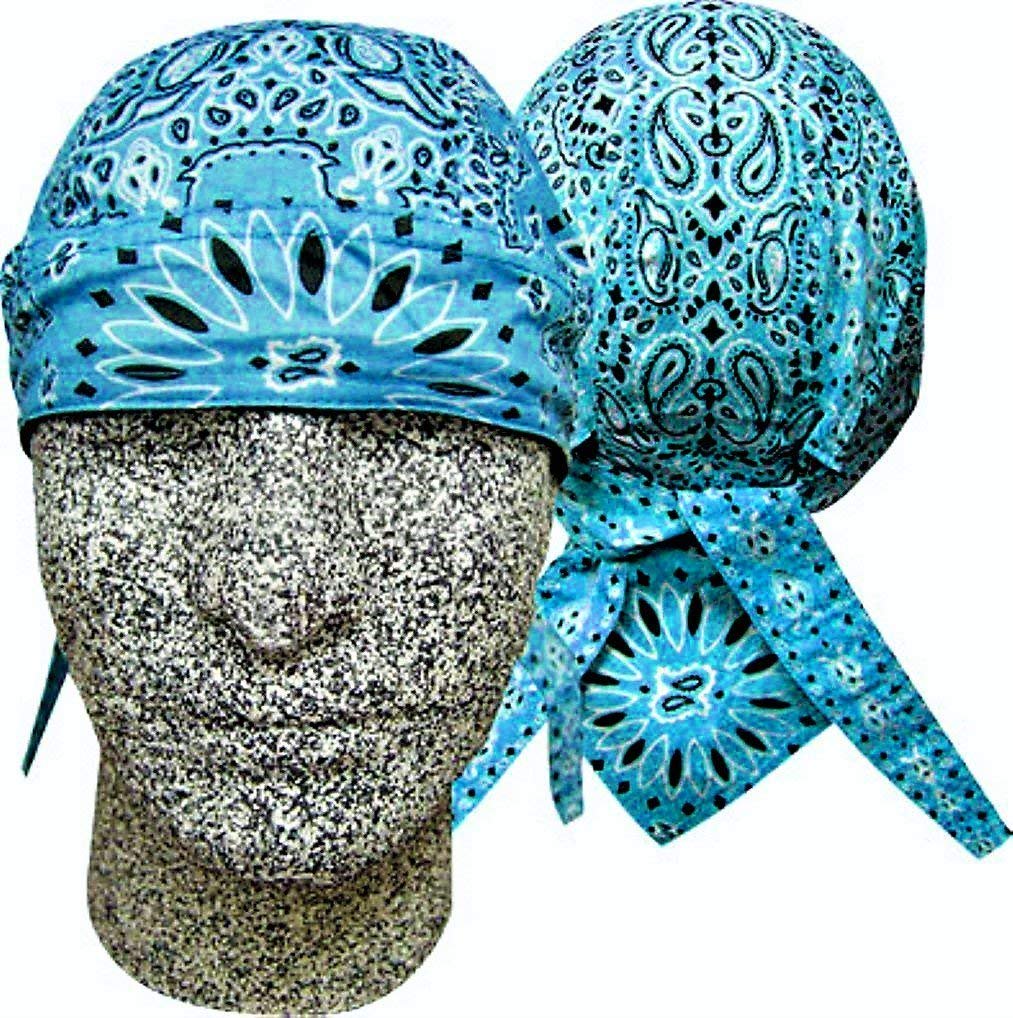 Danbanna Deluxe Teal Blue Black White Paisley Headwrap Doo Rag Skull Cap Durag Sweatband Adjustable Ties