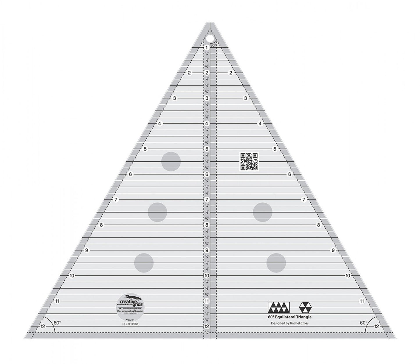 Creative Grids 60 Degree Triangle 12-1/2in Quilt Ruler – CGRT12560 – Made in USA, 12-1/2in x 14-3/4in, Non-Slip Grip Acrylic Quilting, Sewing, Crafting, Patchwork Ruler & Template