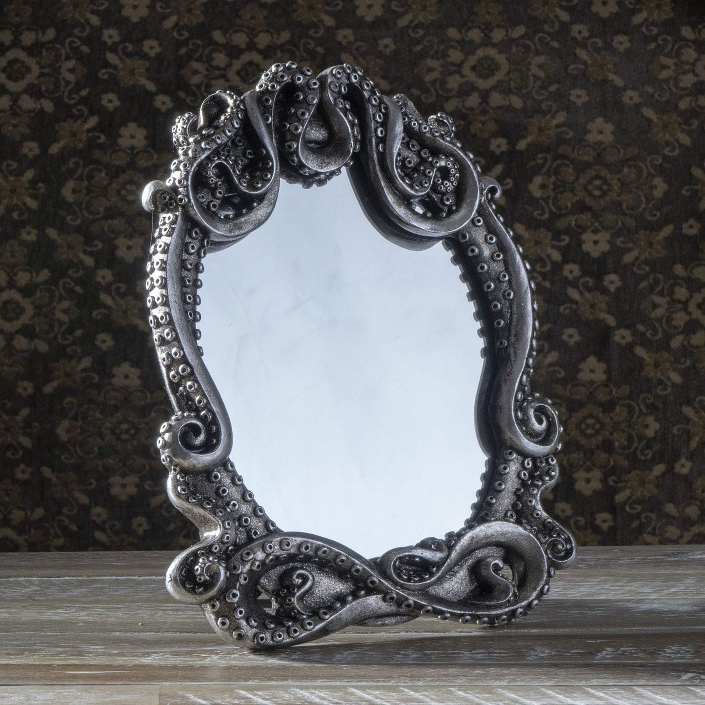 Pacific Trading Gothic Mirror Home Accent Décor, Kraken Antique Inspired Silver Tone Hand Finished Framed Steampunk Tabletop Decoration, 7.28 inch L x 1 inch W x 9.25 inch H, 14051