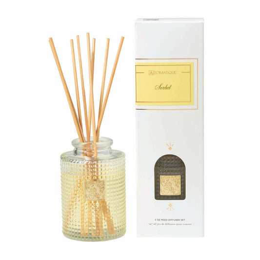 Aromatique Sorbet Reed Diffuser Gift Set Textured Glass Bottle Aromatherapy Long Lasting Luxury Home Fragrance Decor Gifts Notes of Lemon, Grapefruit, Lime, Ginger, Musk, Floral 4oz