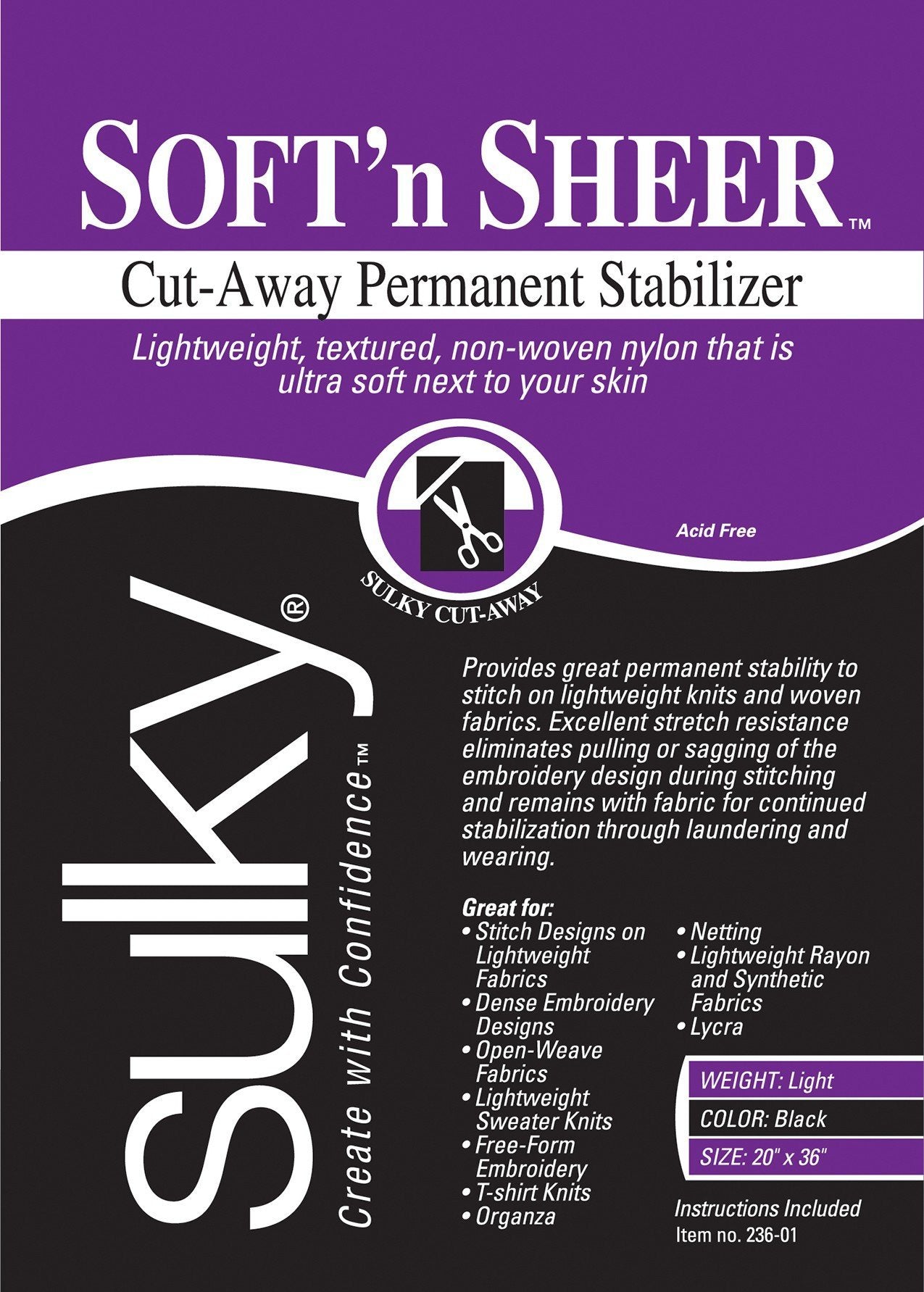 Sulky Of America Cut Away Soft N Sheer Stabilizer, 20" by 1 yd, Black