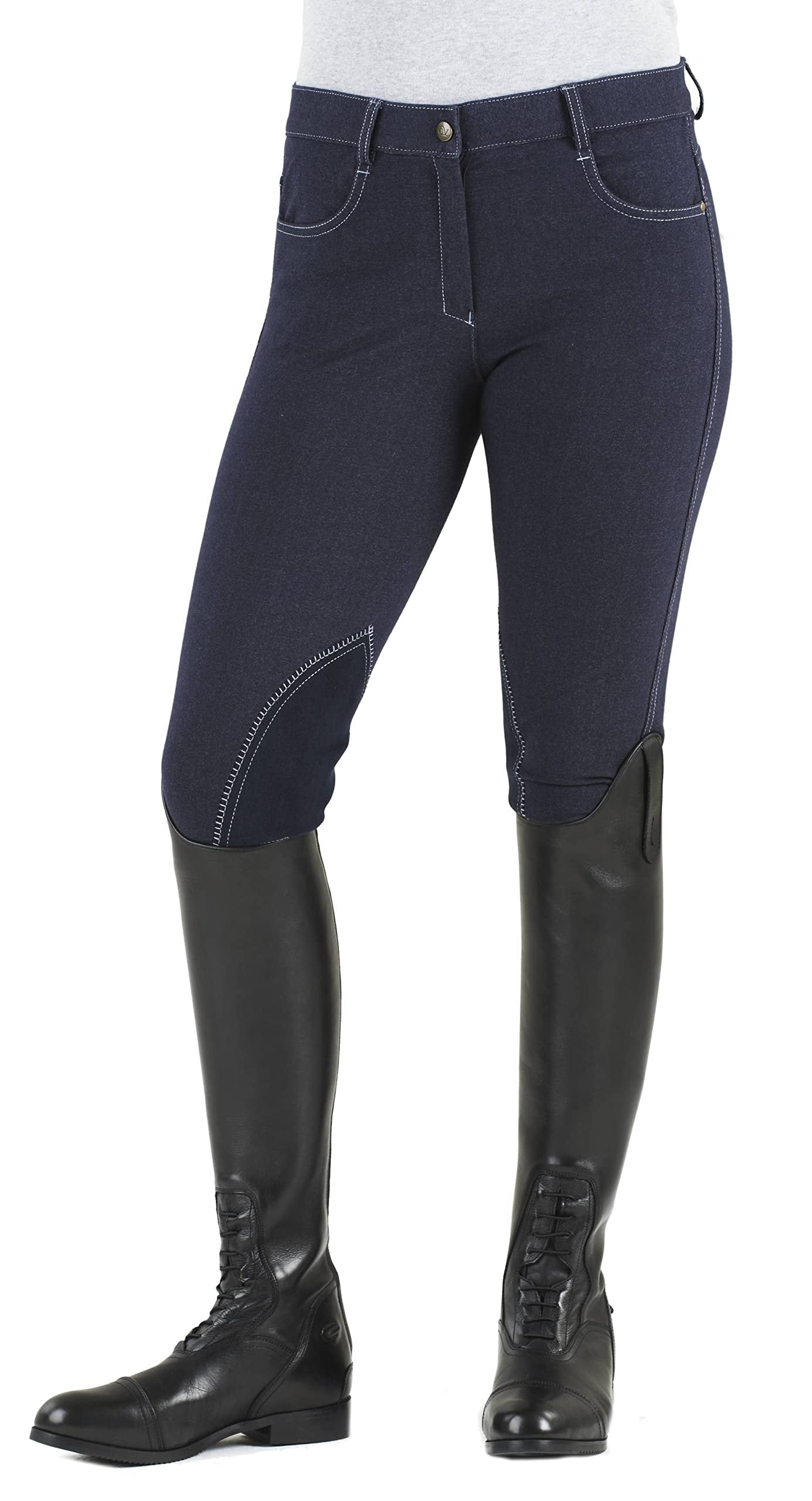 Ovation Women's Euro Melange Zip Front Knee Patch Cotton Breeches, Indigo, 24 Regular