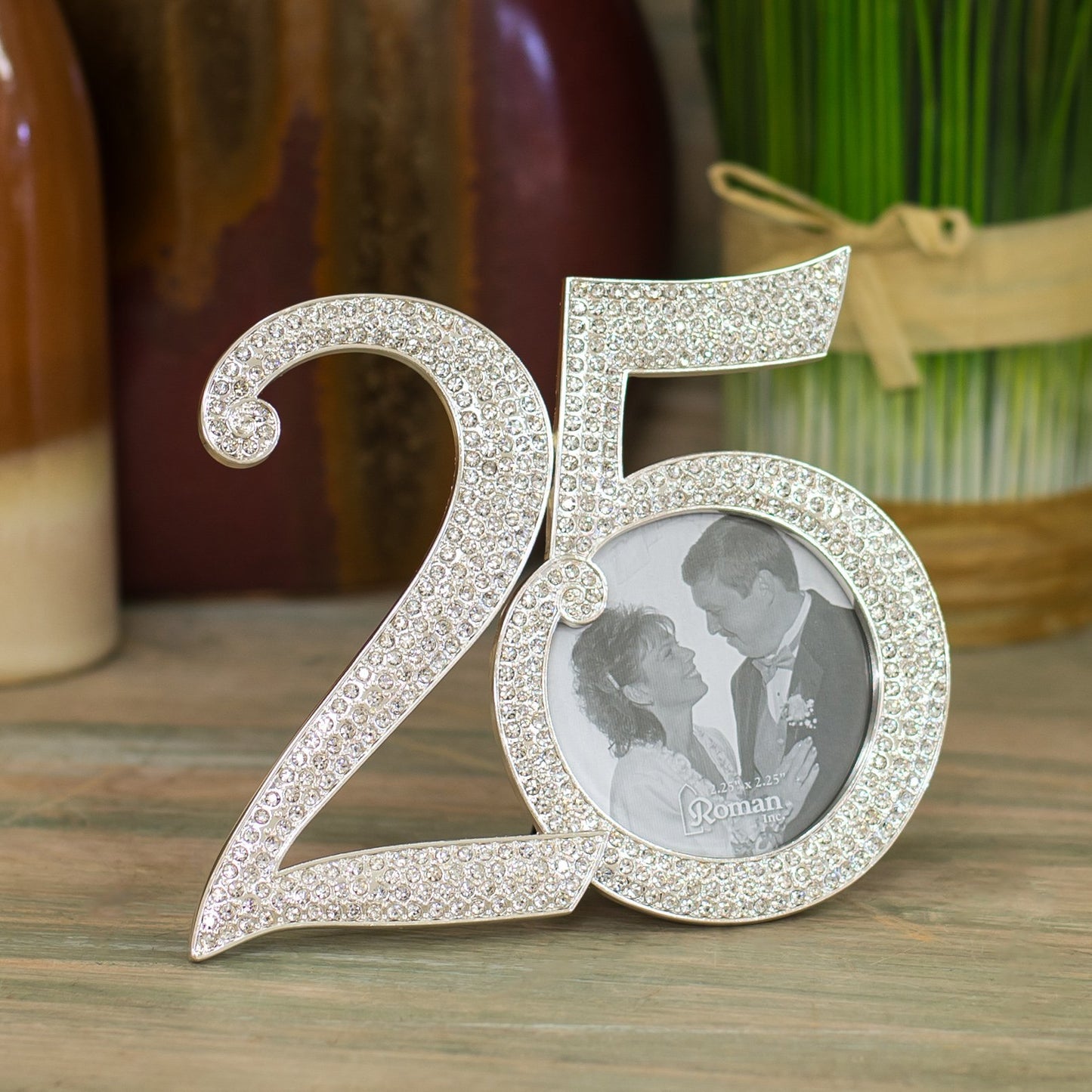Roman Rhinestone Bead Encrusted 25th 4 x 4.5 inch Zinc Alloy Table Top Photo Frame