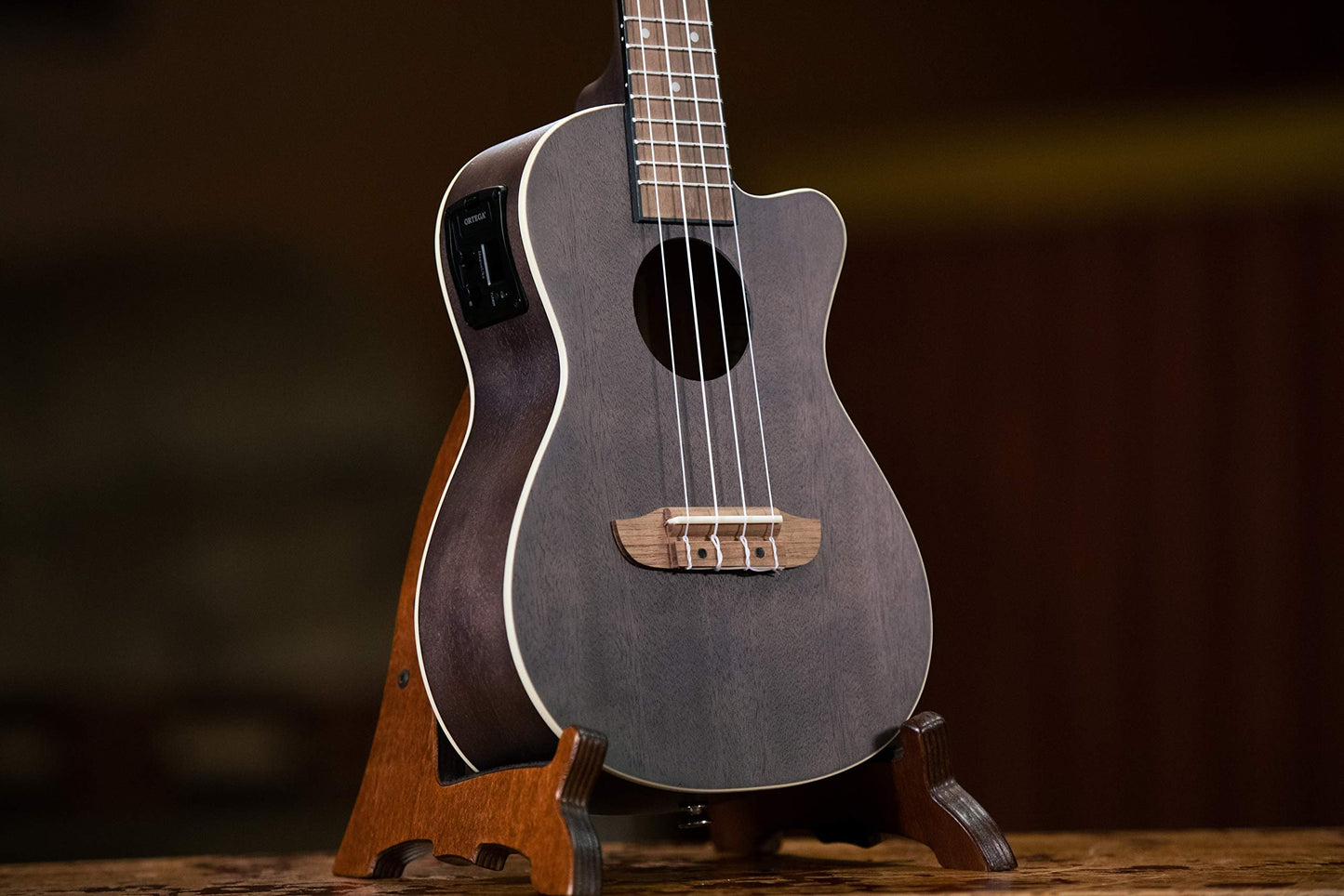 Ortega Guitars, 4-String Earth Series Concert Acoustic/Electric Ukulele, Right, Transparent Black, (RUCOAL-CE)