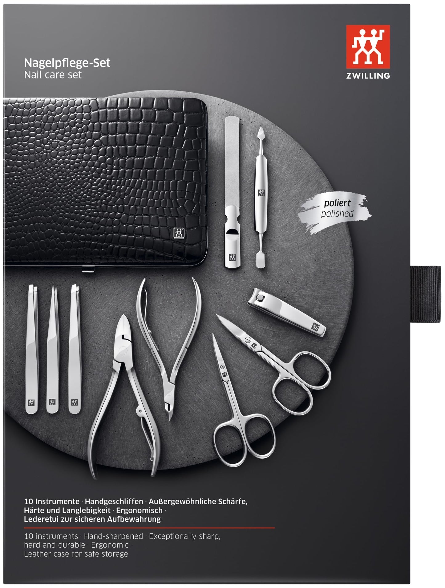 ZWILLING Beauty TWINOX Manicure and Pedicure Crocodile Pattern Cowhide Leather Case with Zip Closure, Nail Care Kit, 6-Piece, Premium Travel Nail Kit, Matte, Black