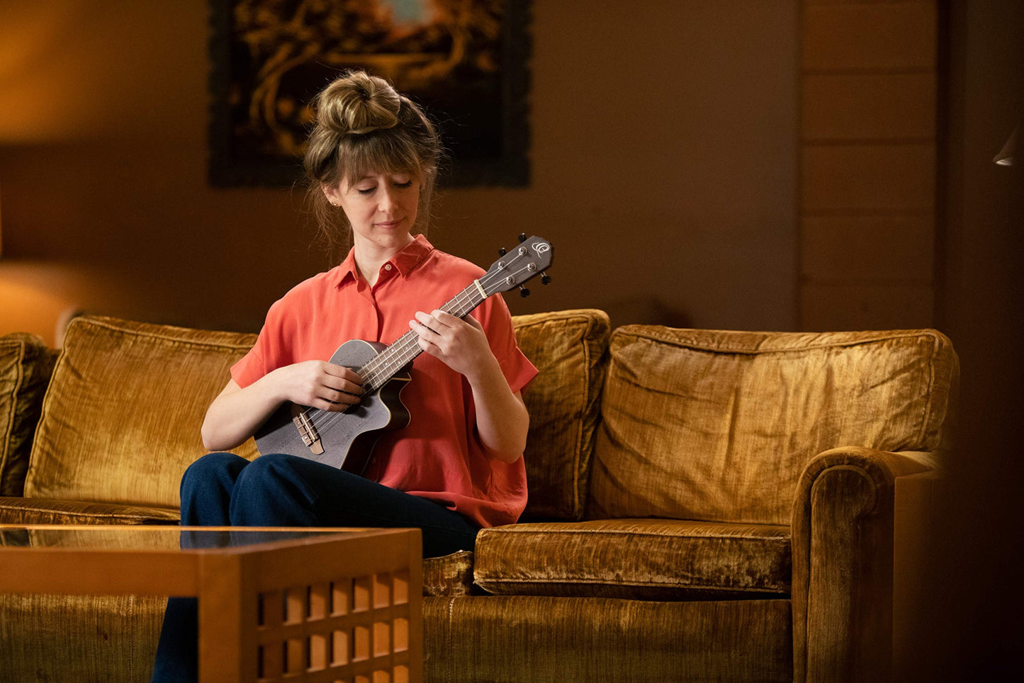 Ortega Guitars, 4-String Earth Series Concert Acoustic/Electric Ukulele, Right, Transparent Black, (RUCOAL-CE)