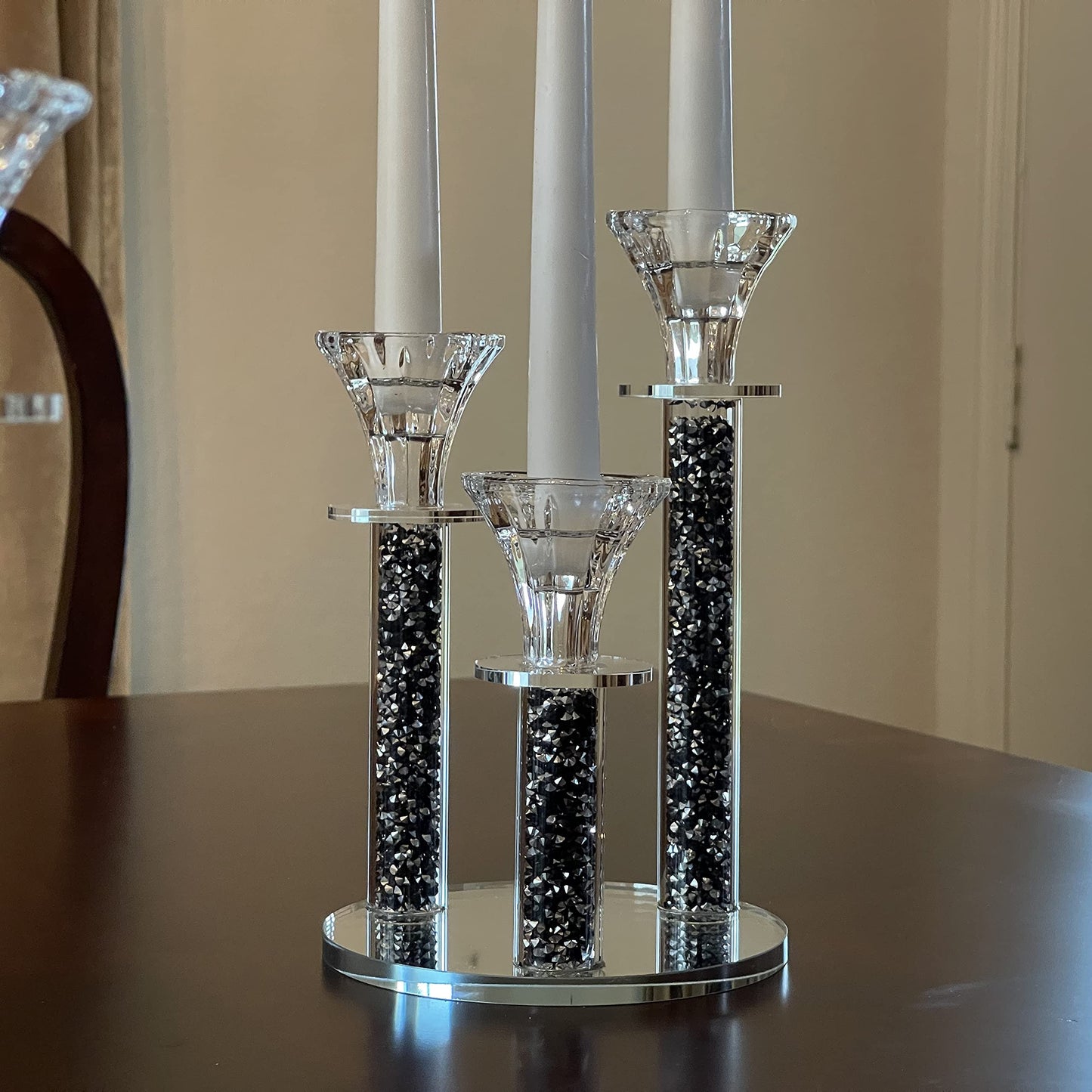 Allgala 9 Inch Tall 3-Pillar Filled with Diamond Like Stone Filled Crystal Candlesticks with Mirror Base