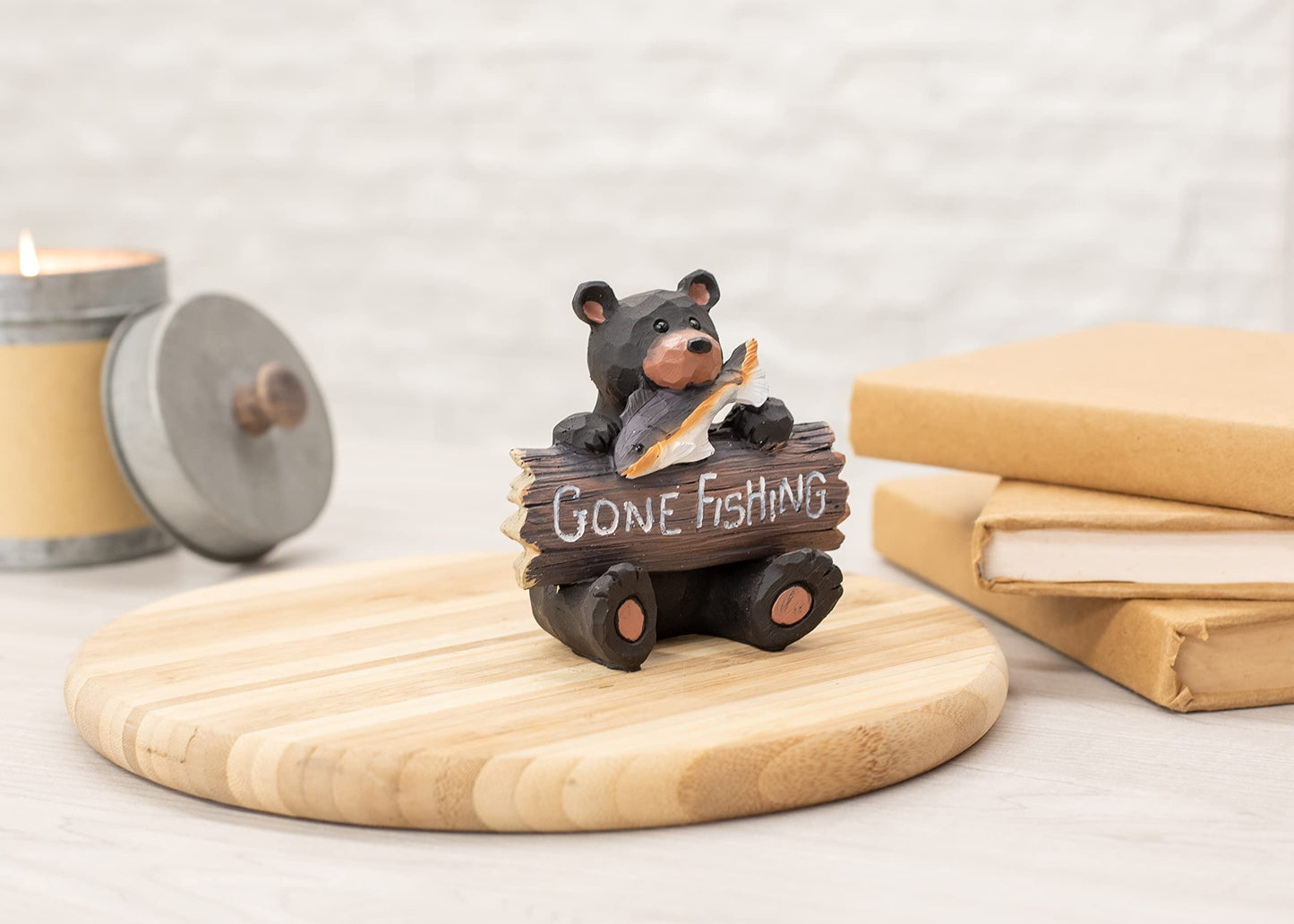 Bear with Gone Fishing Sign Natural Black 4 x 4 Resin Stone Figurine
