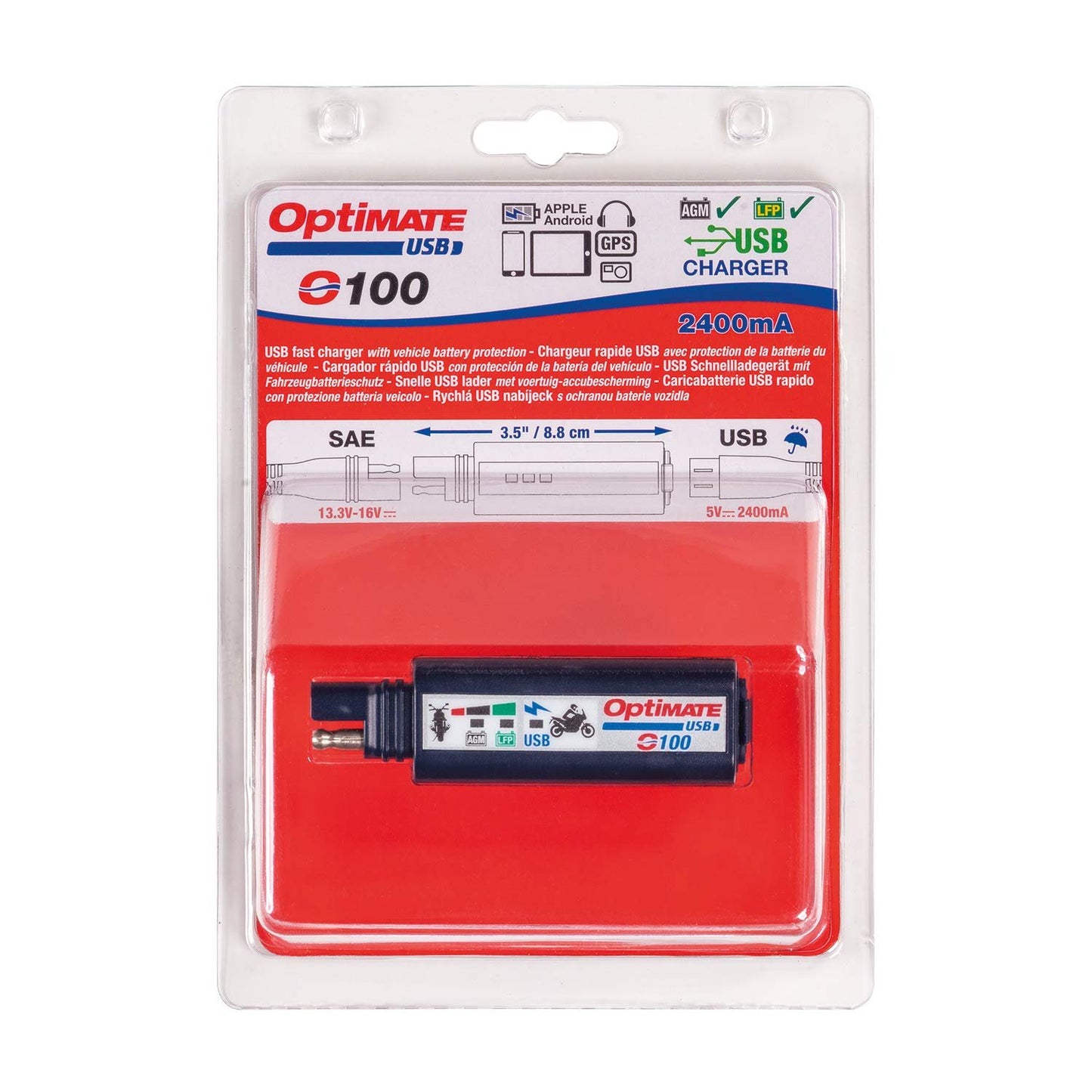 Tecmate OptiMATE USB O-100, Combination 2400mA USB Charger and 3-LED Battery Monitor, With Vehicle Battery Protection