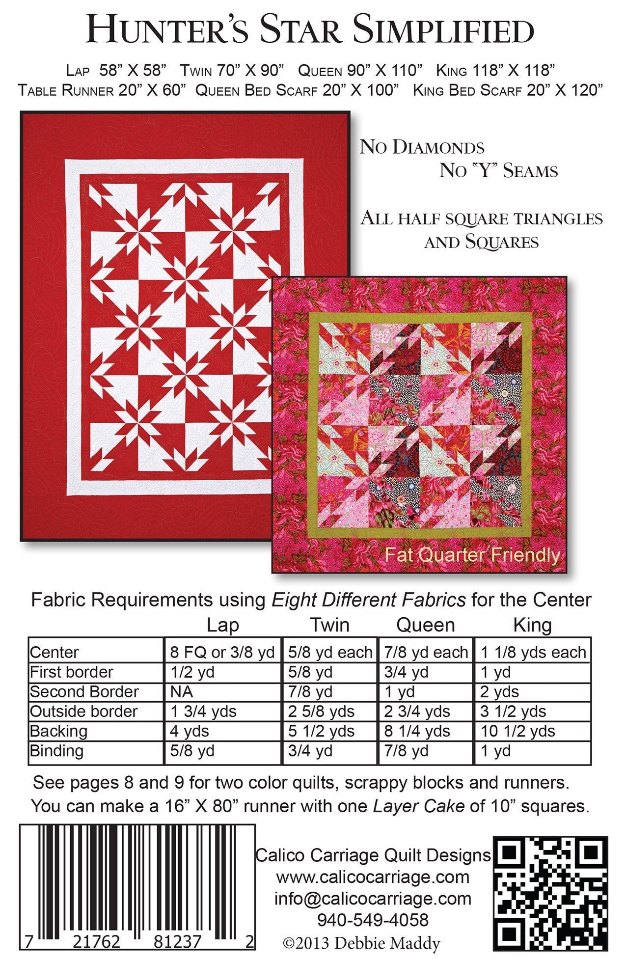 Calico Carriage Quilt Pattern: Hunter's Star Simplified, No Diamonds, No 'Y' Seams, 4 Sizes Lap to King