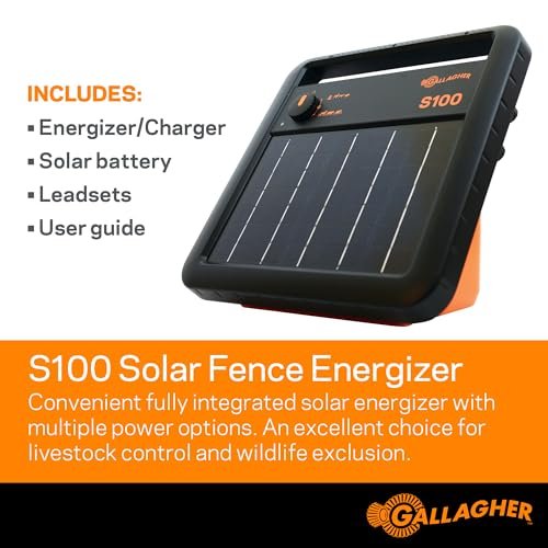 Gallagher S100 Solar Electric Fence Charger | Powers Up to 30 Mile / 100 Acres of Fence | Low Impedance, 1.0 Stored Joule Energizer | Battery Saving Technology | Solar Battery & Leadsets Included