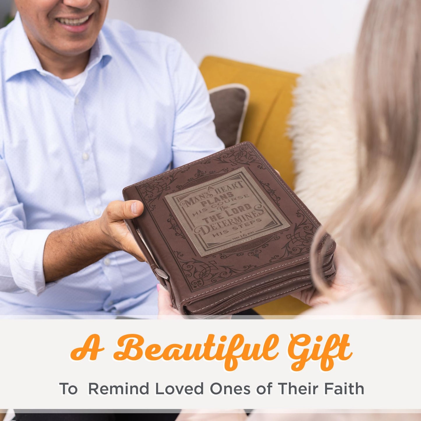 Christian Art Gifts Men's Classic Bible Cover A Man’s Heart Proverbs 16:9, Brown/Tan Faux Leather