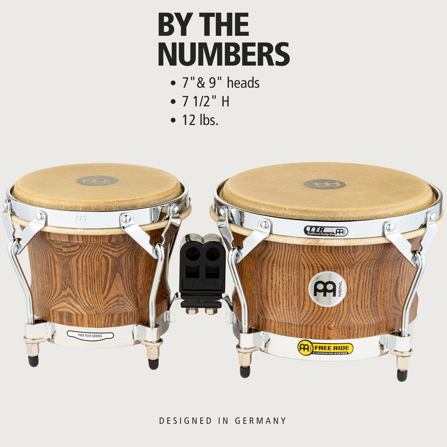 Meinl Percussion WB500ZFA-M Free Ride Series Woodcraft Bongos, Zebra Finished Ash - Matte