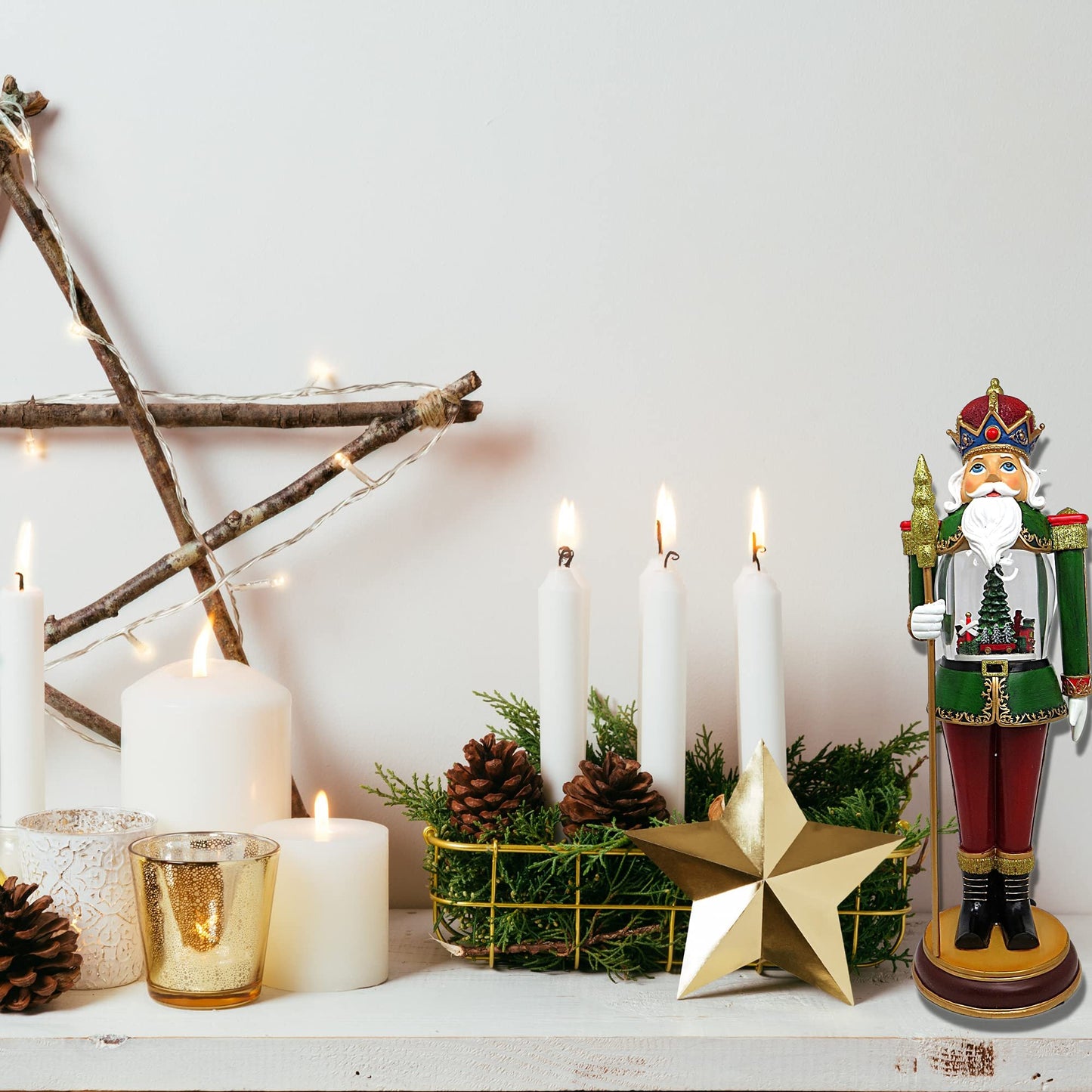 Christmas by Roman Inc., Amusements Collection, 18" H Musical LED Nutcracker W/,Lantern, Snow Globe, Holiday Home Décor, Santa, Cardinal, Nutcracker, Snowman, Reindeer (5.5x6x18.25)