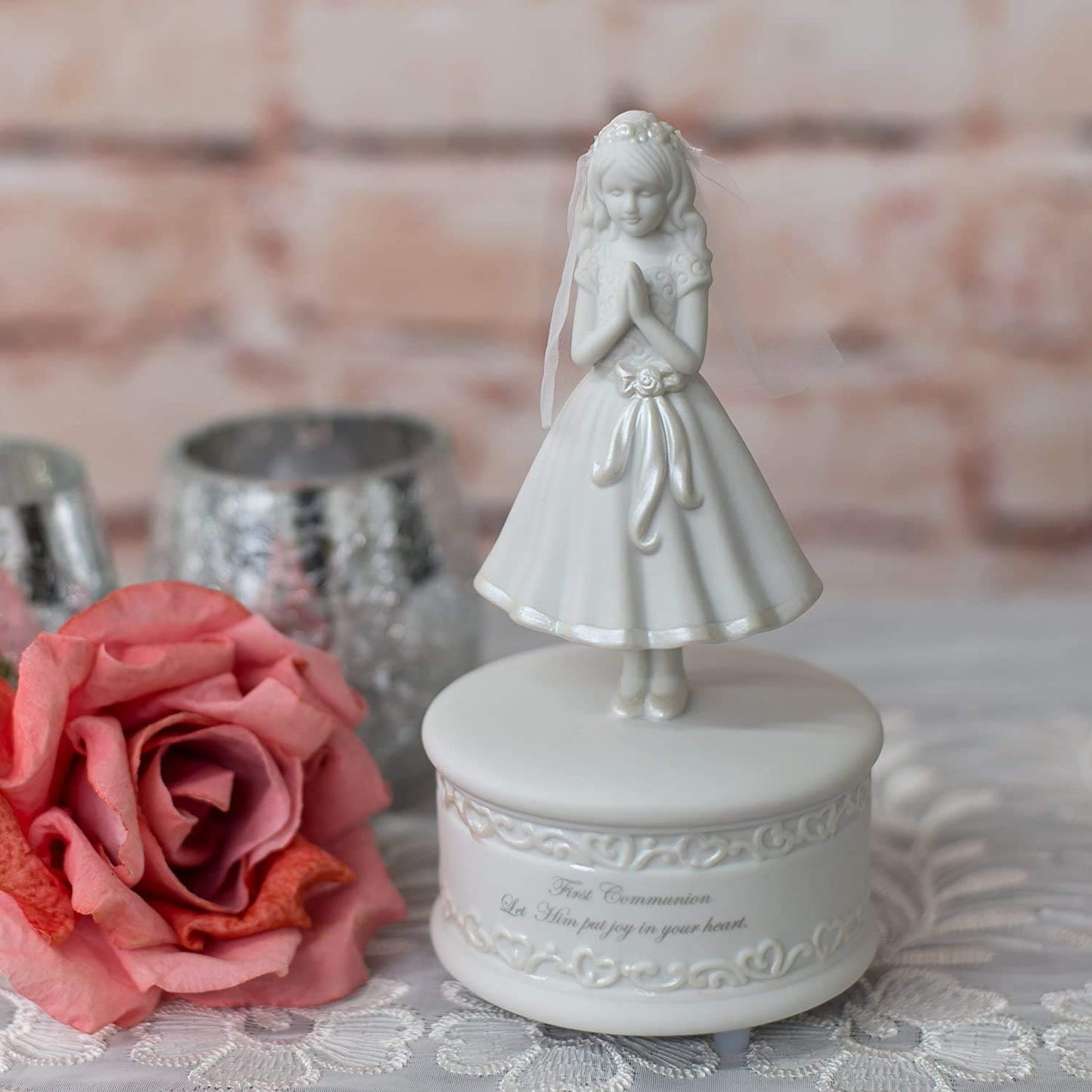 Roman 7.5" First Communion Gift – Musical Porcelain Girl Figurine, Religious Keepsake for First Holy Communion