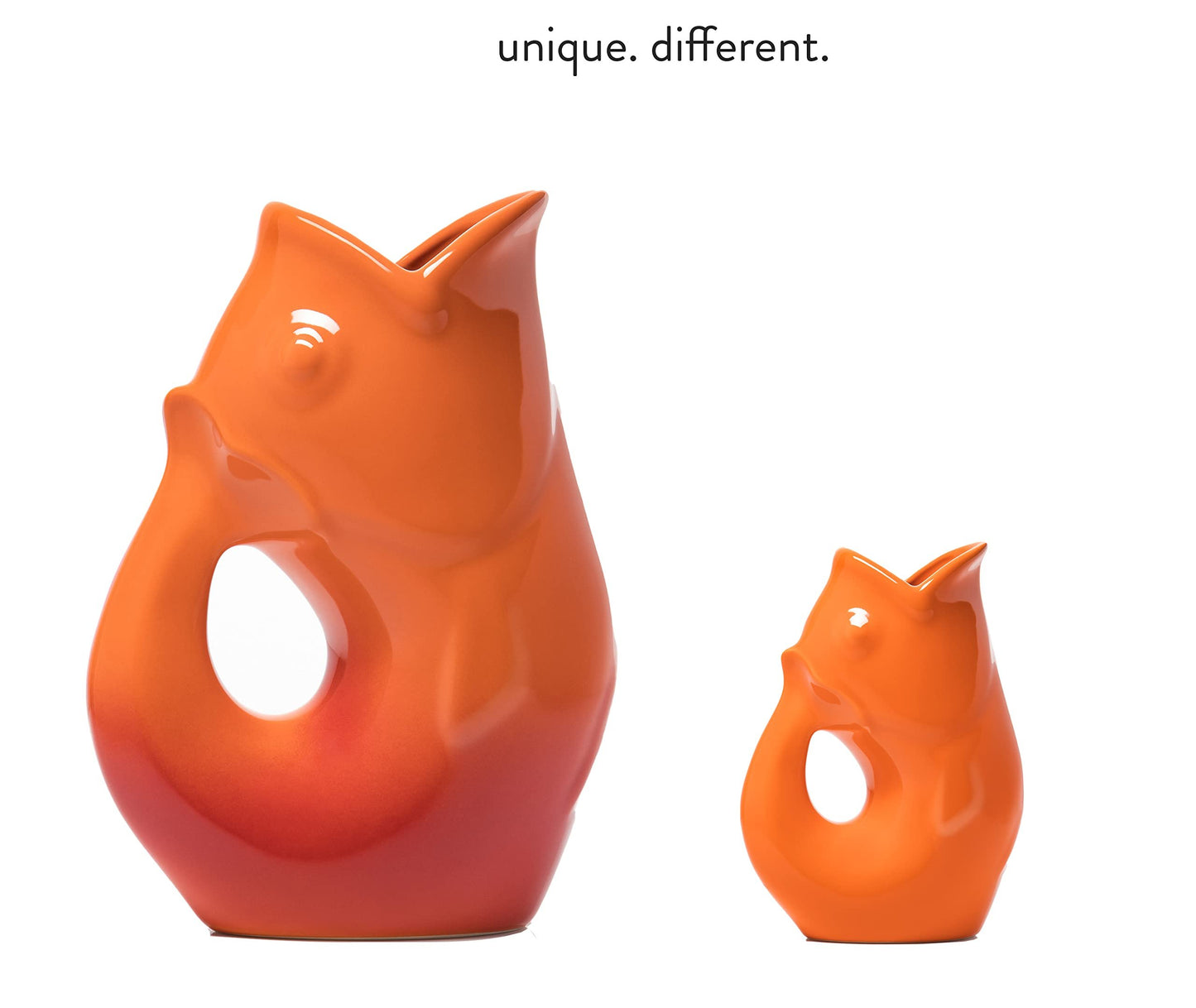 Gurgle Pot Fish Pitchers - Set of 2 - Large Gradient Orange Red (42 oz) with Orange Baby Gurgle Pot (3oz). Great Combination.