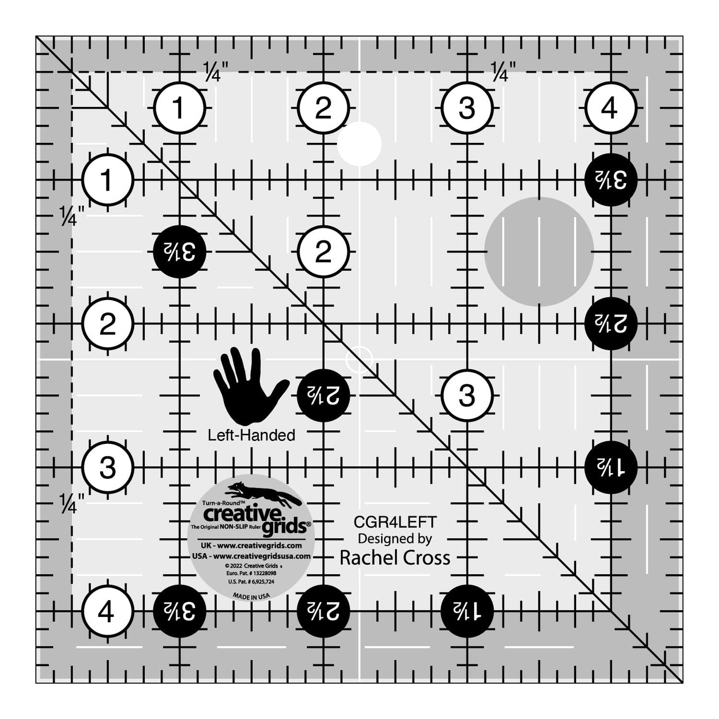 Creative Grids Quilt Ruler 4-1/2in x 4-1/2in Square – CGR4LEFT – Made in USA, Non-Slip Grip Acrylic Quilting, Sewing, Crafting, Patchwork Ruler for Measuring & Cutting Fabric
