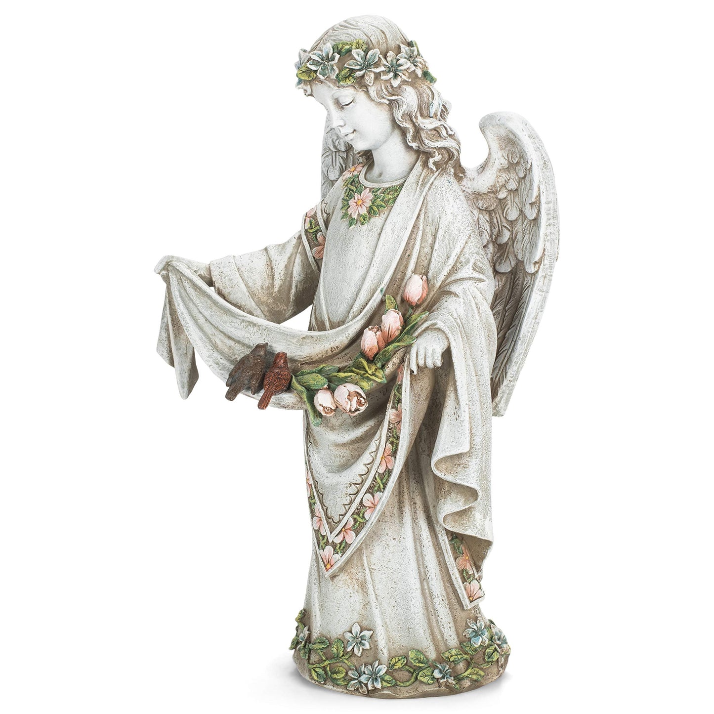 Roman Josephs Studio Inspirational Girl Angel Wearing Floral Trimmed Gown with Birds Garden Statue, 16.5-Inch