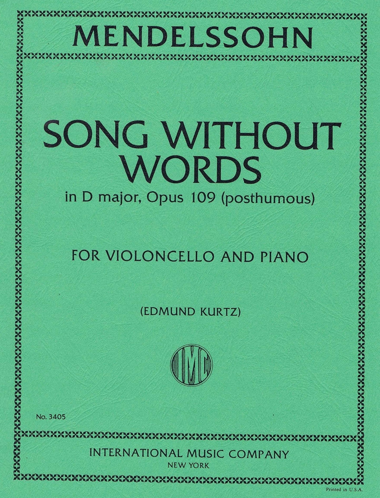 (IMC3405) MENDELSSOHN: Song Without Words in D major, Opus 109 post. for cello and piano