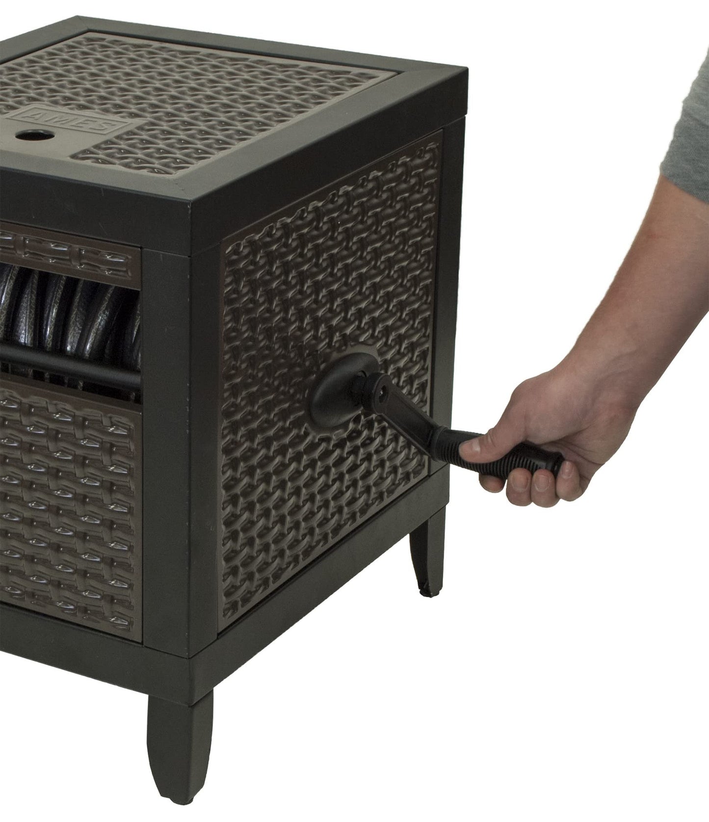 AMES NeverLeak Hose Reel Cabinet Box, 100 Ft. Capacity, Decorative with Wicker Look, Auto Track Rewinding, Black Metal