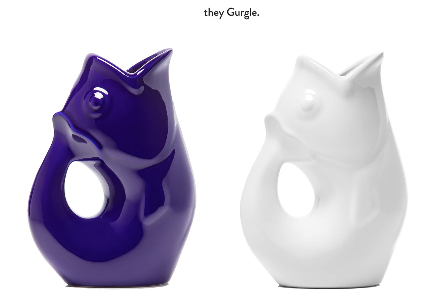 Gurgle Pot Fish Pitchers Large -Set of 2 - Cobalt Blue and Bright White. More than just your average beverage pitcher. Makes a delightful gurgling sound.