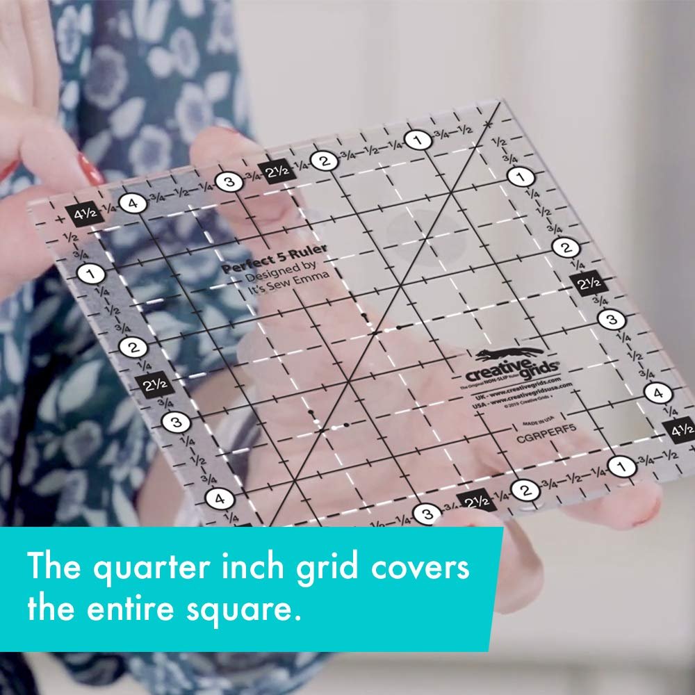 Creative Grids Perfect 5 Quilting Ruler 5in x 5in Square – CGRPERF5 – Made in USA, 5in x 5in, Non-Slip Grip Acrylic Quilting, Sewing, Crafting, Patchwork Ruler for Measuring & Cutting Fabric
