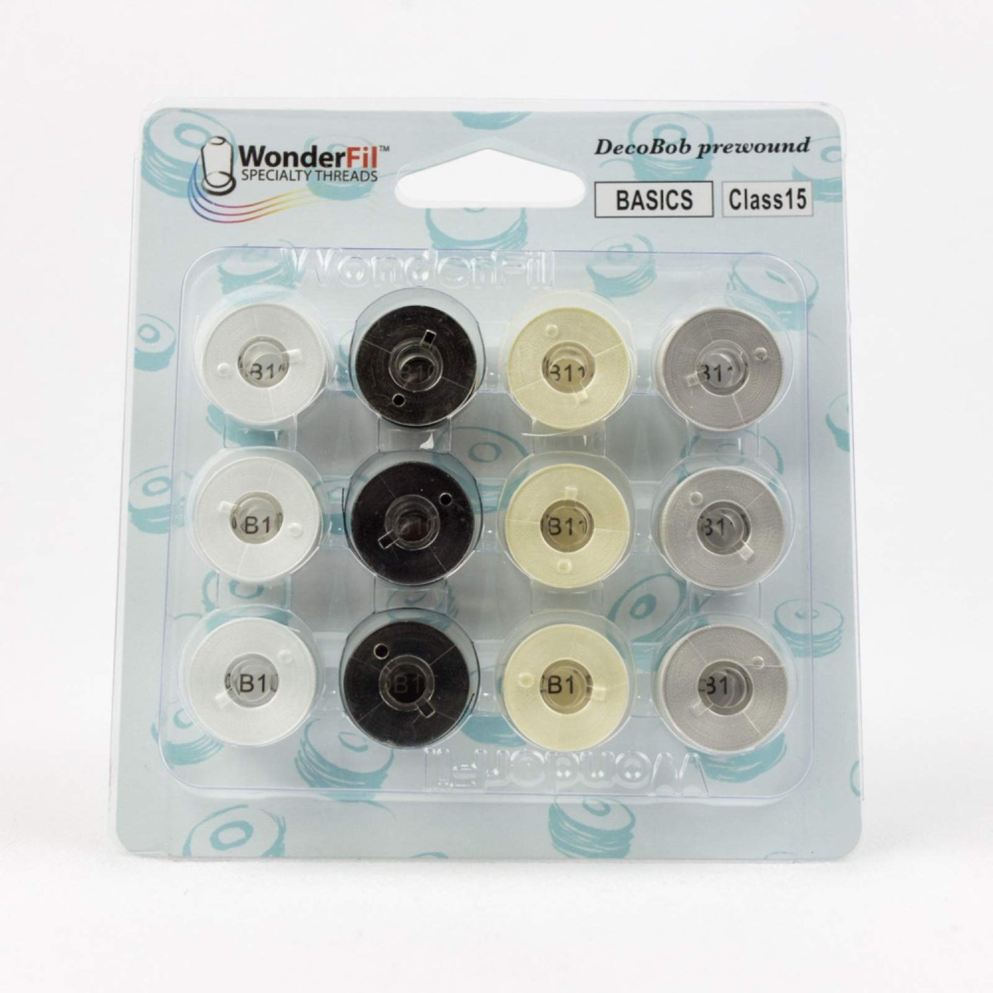 DecoBob Prewound Bobbins Class 15 12ct Black White Cream Grey