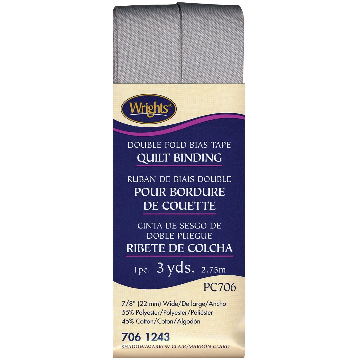 Wrights 117-706-1243 Double Fold Quilt Binding Bias Tape, Shadow, 3-Yard