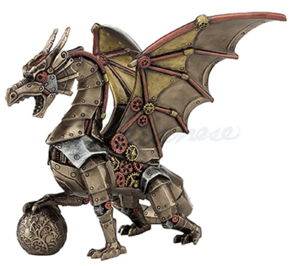 Unicorn Studios Steampunk Mechanical Gear Dragon Sitting Holding Sphere Statue Sculpture Bronze