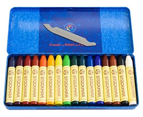 Stockmar 32000 Pure Beeswax Wax Crayons 16 Bright Colours with Scraper, Packed in Handy Tin Case, Ideal for Painting for Kids