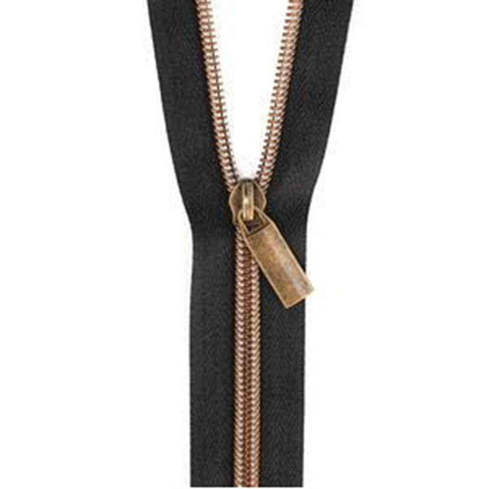 Sallie Tomato # 5 Yard Zipper, Black Tape Antique Teeth