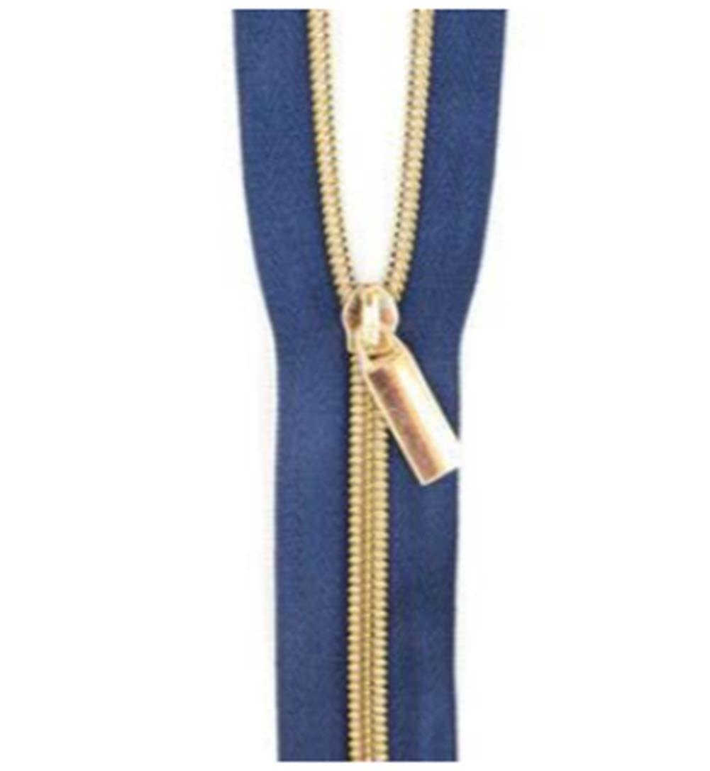 Sallie Tomato # 5 Yard Zipper, Navy Tape Lt Gold Teeth