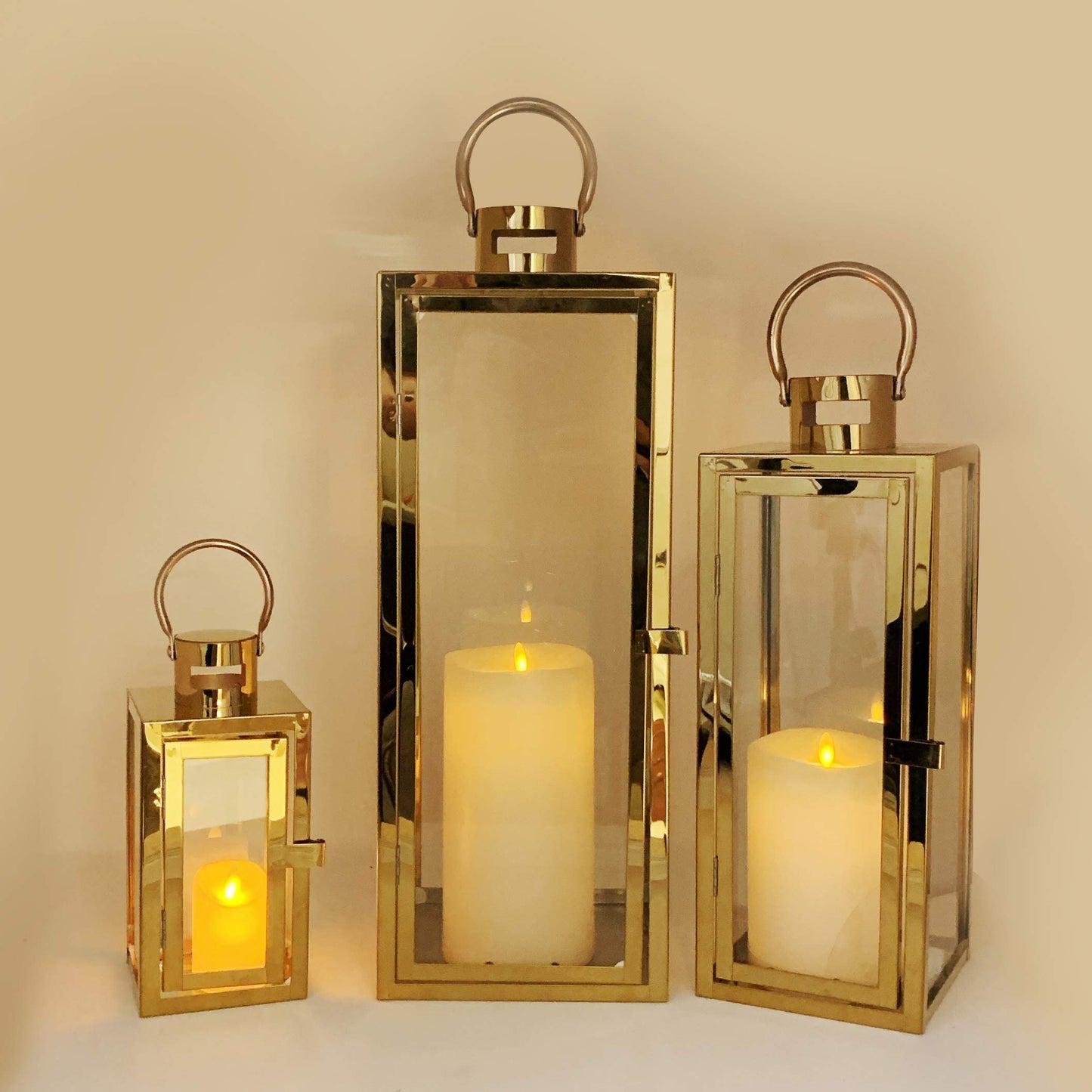 Allgala Lantern Set 3-PC Jumbo Deluxe Modern Indoor/Outdoor Candle Lantern Set with Chrome Plated Structure and Tempered Glass for Garden Poolside Fireplace Wedding