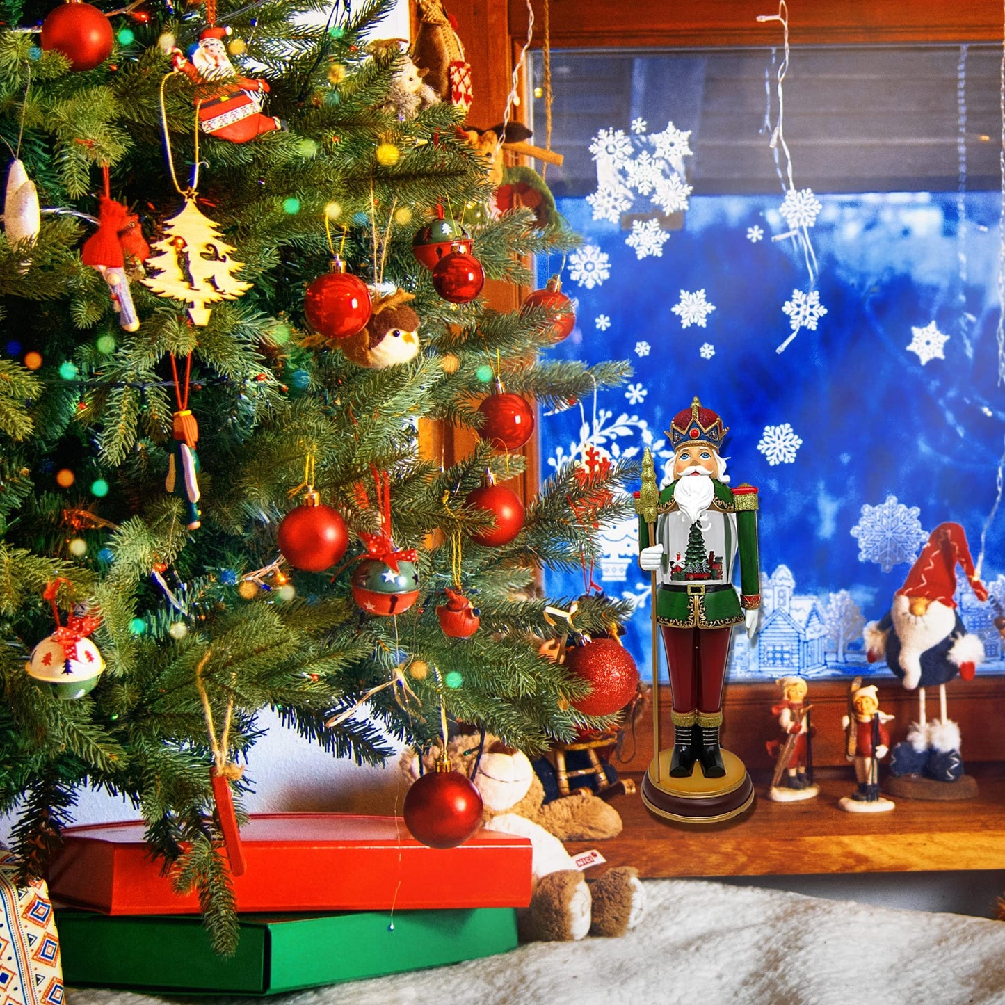 Christmas by Roman Inc., Amusements Collection, 18" H Musical LED Nutcracker W/,Lantern, Snow Globe, Holiday Home Décor, Santa, Cardinal, Nutcracker, Snowman, Reindeer (5.5x6x18.25)