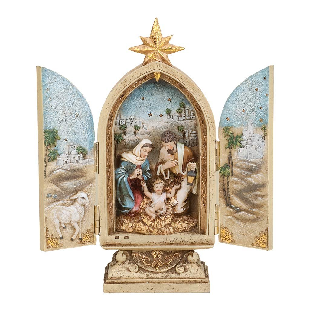 Joseph's Studio by Roman - Nativity Triptych, Holy Family with Star, Renaissance Collection, 10" H, Resin and Stone, Openwork Doors, Gold, Decorative Figure