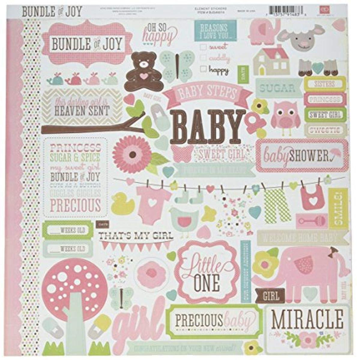 Echo Park Paper Company Bundle of Joy Girl Cardstock Stickers 12"X12", Element