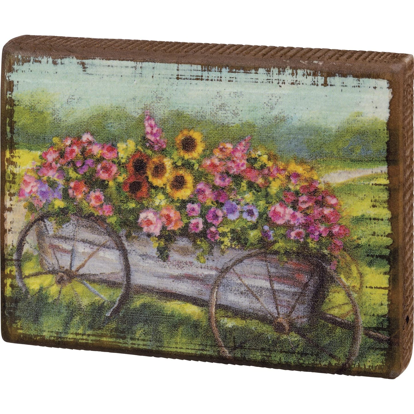 Primitives by Kathy Colorful Flower Filled Wagon Decorative Wooden Block Sign 6 Inch x 4.5 Inch
