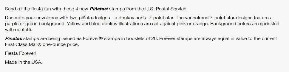 USPS Pinatas Forever Postage Stamps Celebrate Hispanic Heritage Latino Festive Celebration Party 2023 Scott #5812-5815