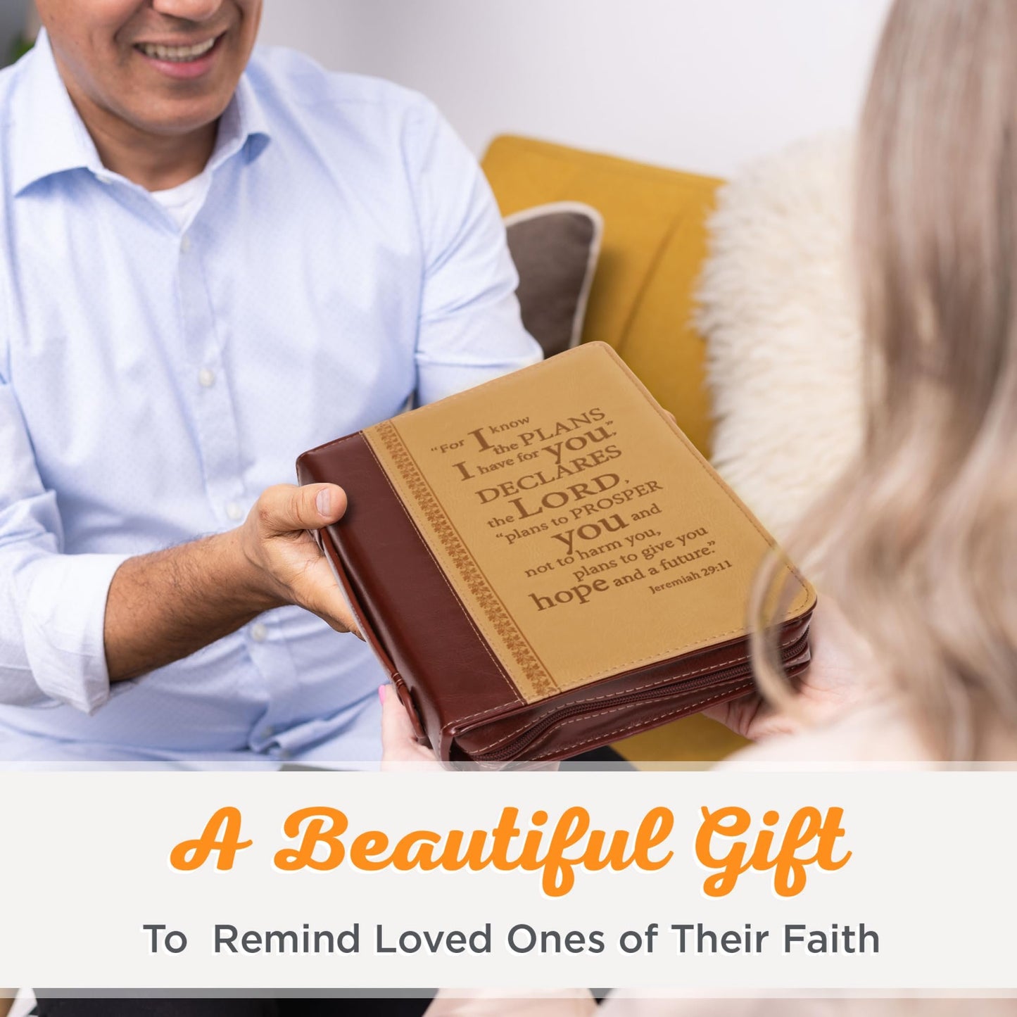 Christian Art Gifts Men's Classic Bible Cover I Know The Plans Jeremiah 29:11, Brown/Tan Faux Leather