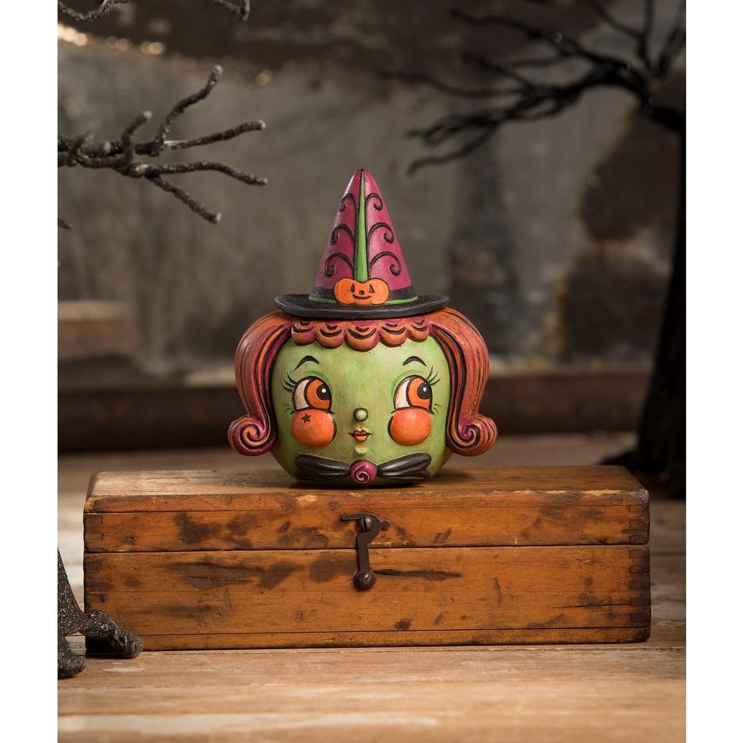 Bethany Lowe Hagatha Witch Hollow Head Container, Resin, Multicolor