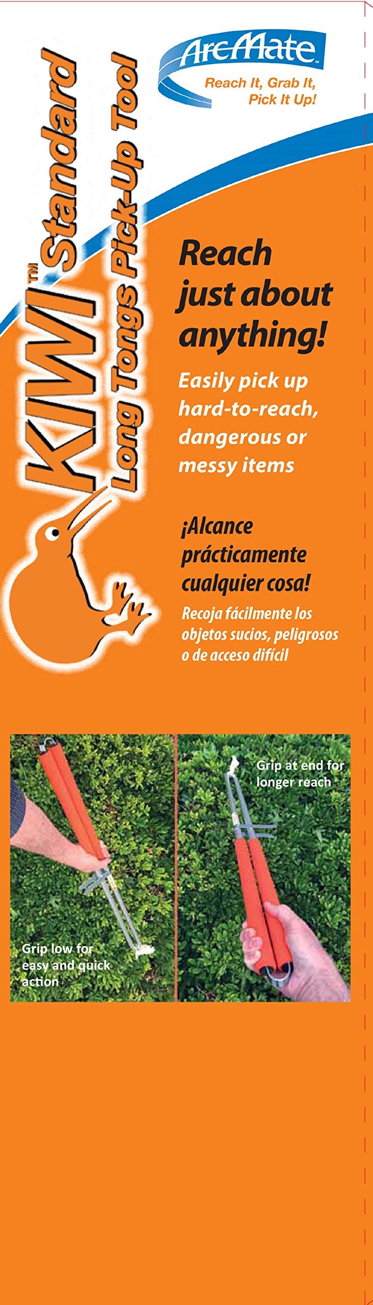 ArcMate Squeezy Pick Up Tongs, Tweezer Style Outdoor Litter Pick Up Tool, Reacher Grabber, Adjustable from 24" to 33" Reach, Orange (15080)