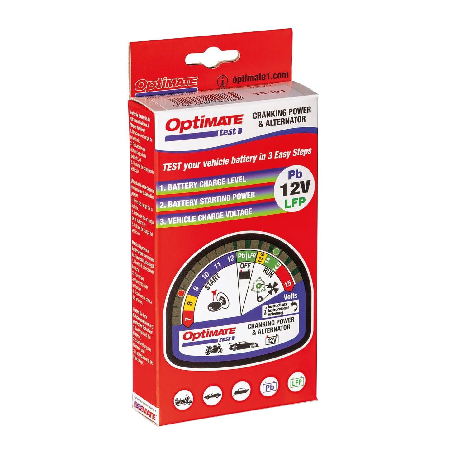 Optimate test – cranking & alternator, TS-121, 12V tester for battery state of charge, cranking performance and vehicle charging system