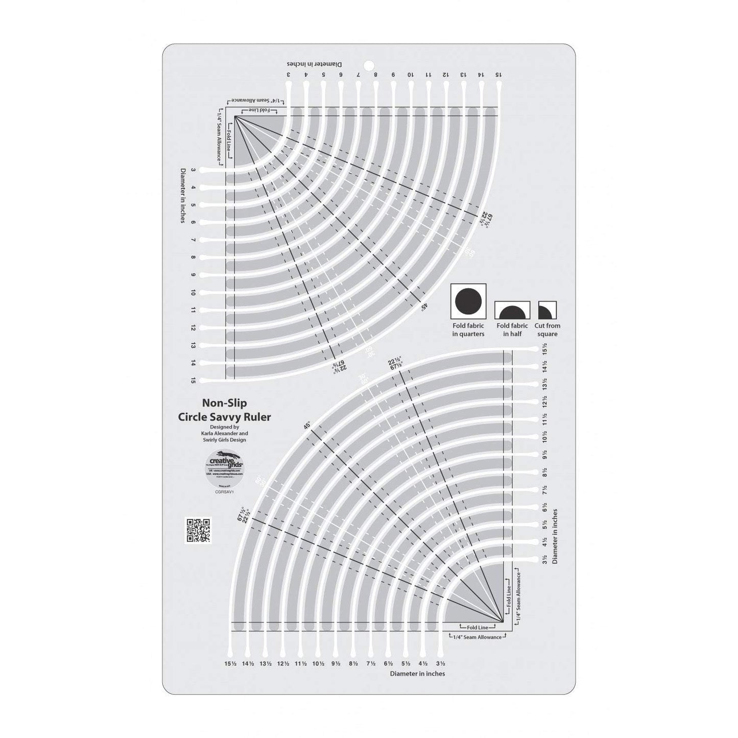 Creative Grids Circle Savvy 11-3/4in x 18-1/2in Quilting Ruler – CGRSAV1 – Made in USA, Non-Slip Grip Acrylic Fabric Strip Cutting, Sewing, Crafting, Patchwork Ruler & Template