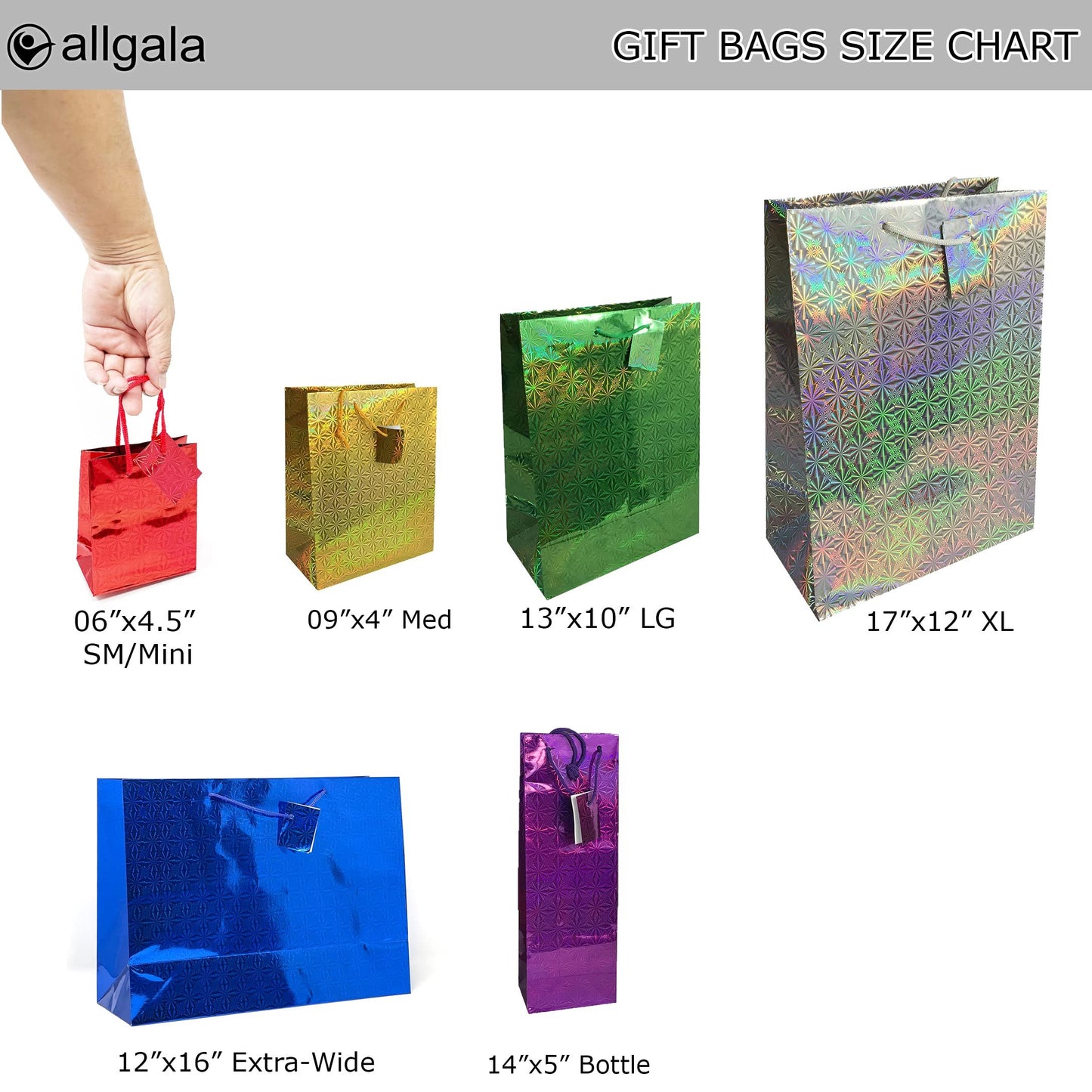 allgala 12-PK Hologram Gift Bags, Various Size