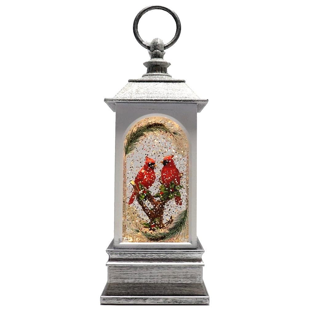 Roman 9.25" Lighted Swirl Cardinal Pair on Branch in White Lantern - Christmas Confetti Lite, USB or Battery Operated,