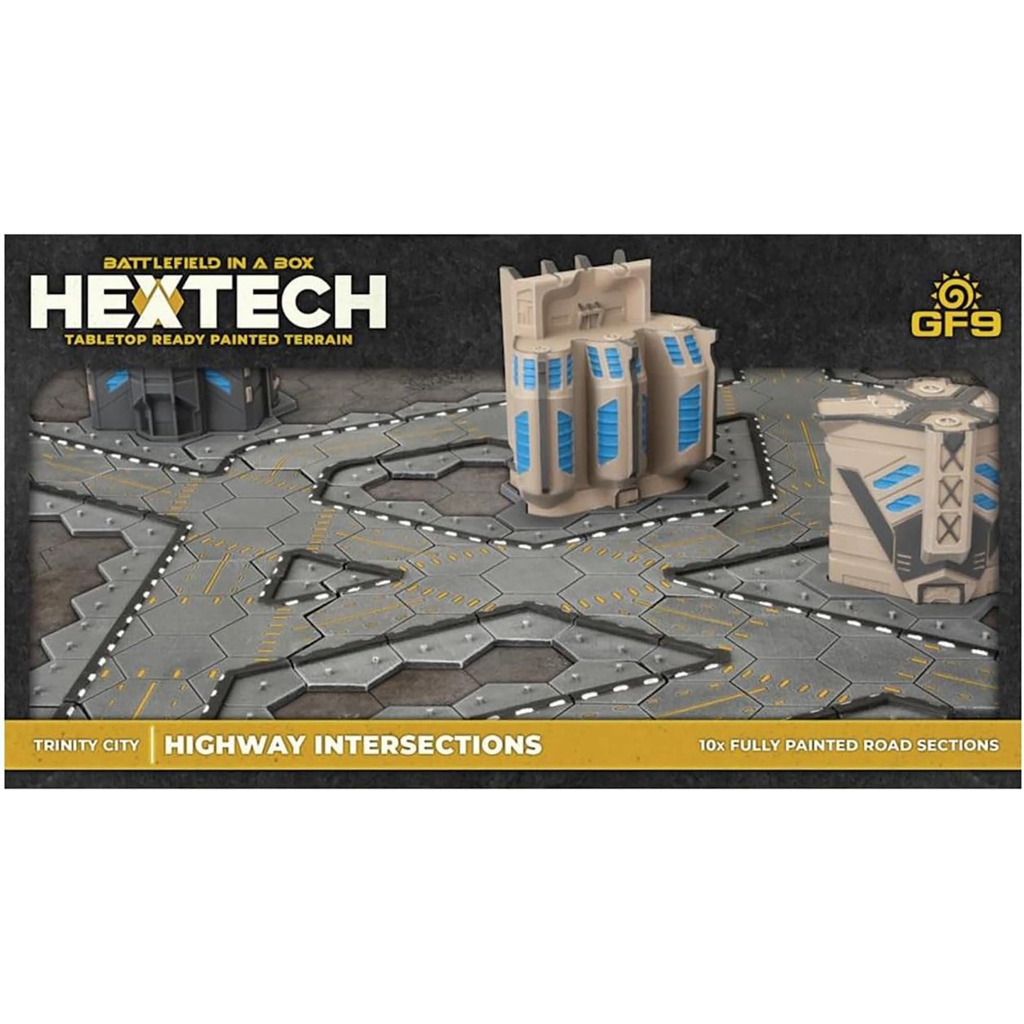 GF9: Hextech Trinity City: Highway Intersections - 10 Road Sections, Battlefield in A Box, Tabletop Ready Painted Terrain, Sci-Fi, RPG Accessory