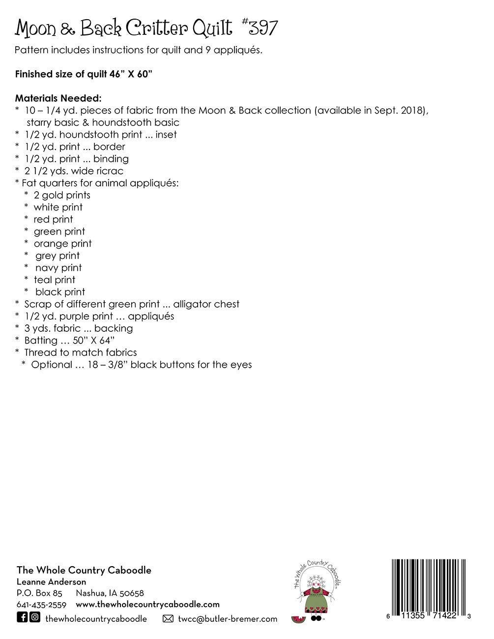 Whole Country Caboodle Moon and Back Critter Quilt Pattern