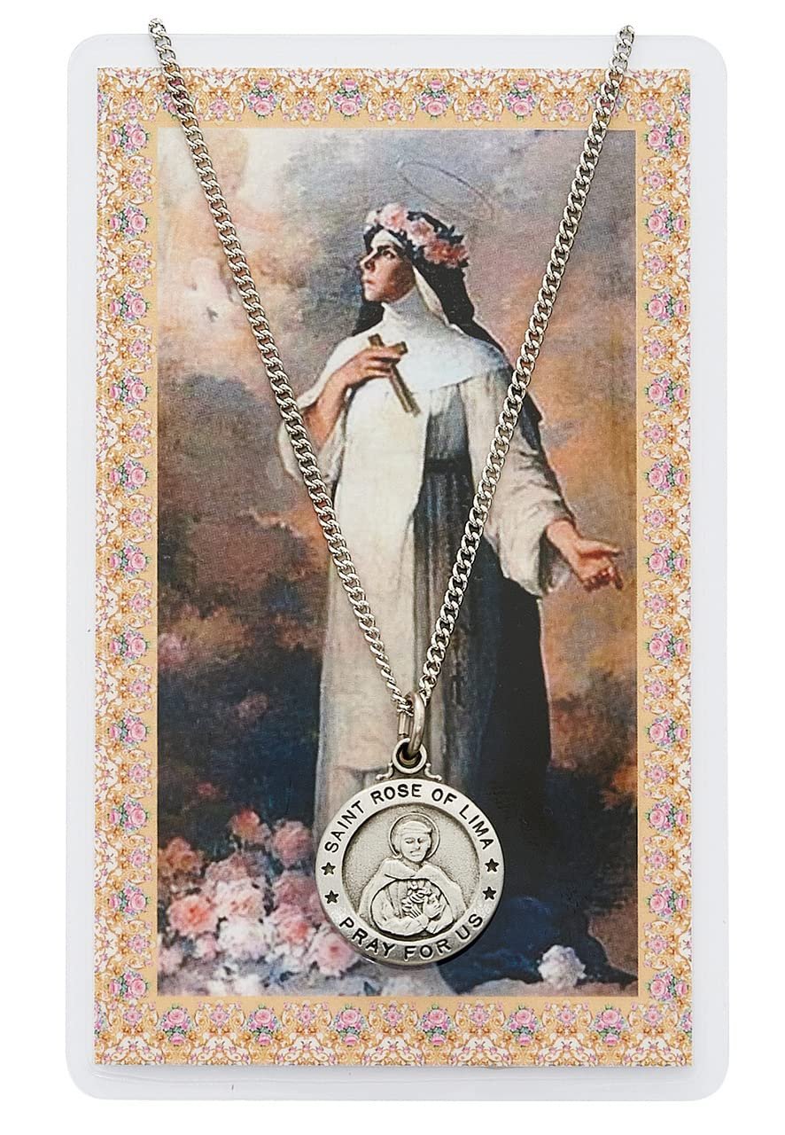 St Rose LM Prayer Card With Medal Saint Catholic Christian Pendant Charm Patron