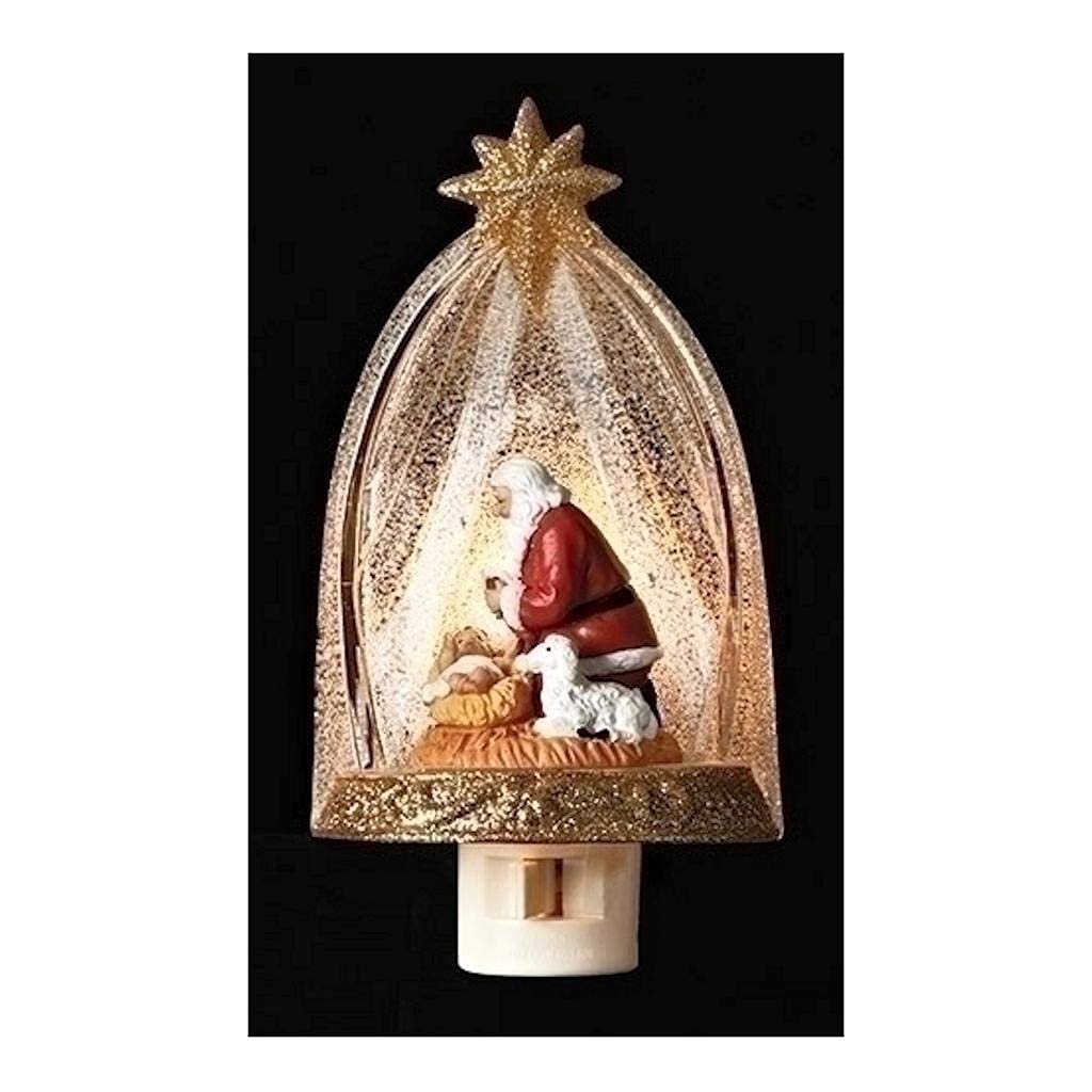 Roman Santa Claus Kneeling Before Baby Jesus in Manger Night Light